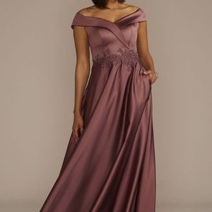 OLEG CASSINI Embroidered Off-the-Shoulder Satin A-Line Mother of the Bride Dress